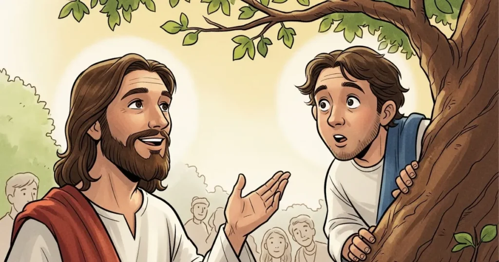 Jesus conversando com Zaqueu em cima de uma árvore em estilo desenho animado bíblico