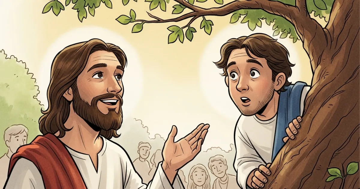 Jesus conversando com Zaqueu em cima de uma árvore em estilo desenho animado bíblico