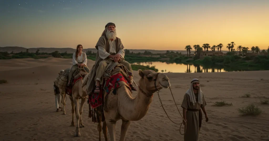Abraão e Sara atravessando o deserto montados em camelos ao entardecer, guiados por servo, com um oásis ao fundo — simbolizando a jornada de fé após o chamado de Deus.