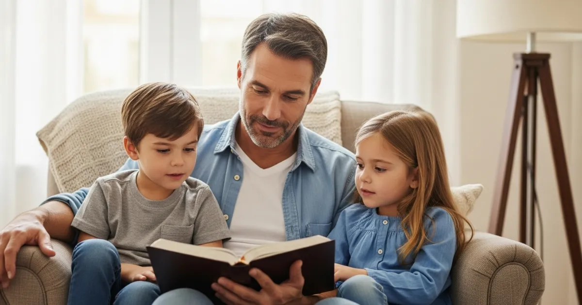 fé Pai lendo a Bíblia com seus dois filhos pequenos em ambiente familiar acolhedor