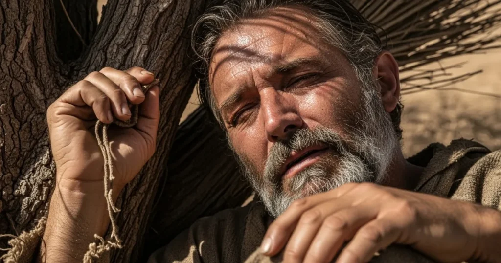 Close do rosto do profeta Elias, exausto e angustiado, recostado em uma árvore no deserto, com expressão de sofrimento e lágrimas nos olhos.