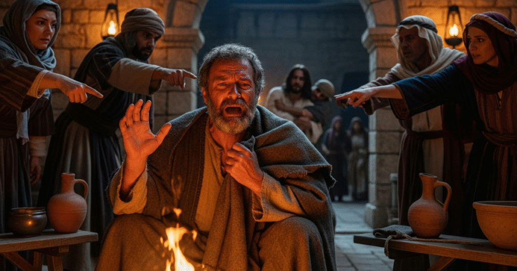 Representação realista do apóstolo Pedro negando Jesus, cercado por pessoas que o acusam ao redor de uma fogueira, com Jesus ao fundo sendo levado pelos soldados.