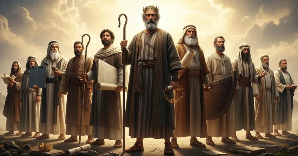 Homens comuns. Chamados extraordinários. Cada um nesta imagem representa uma história real de fé, coragem, arrependimento e obediência. Eles não eram perfeitos — mas foram escolhidos, moldados e usados por Deus para marcar gerações. Essa é a força dos líderes bíblicos: não é sobre posição, mas sobre propósito.