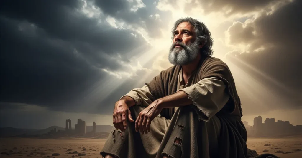 Jó sentado no deserto com feridas no corpo, olhando para o céu em busca de respostas e consolo de Deus