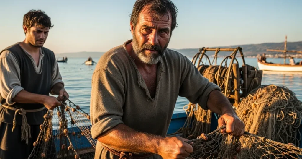 Pescadores no mar da Galileia consertando redes ao entardecer, retratando a rotina de Pedro antes de ser chamado por Jesus.