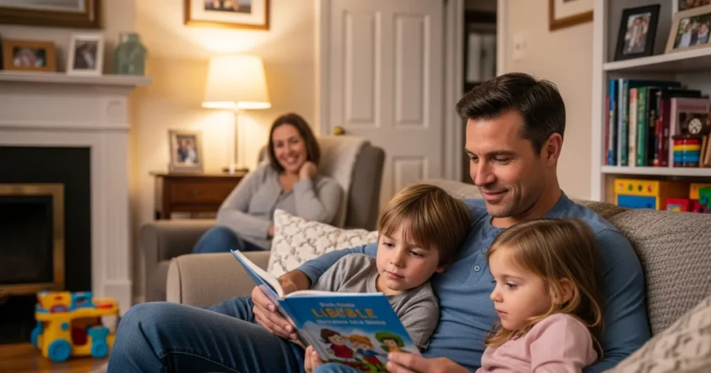 Pai lendo uma Bíblia infantil com seus dois filhos pequenos no sofá da sala, enquanto a mãe observa sorridente ao fundo, transmitindo um momento de ensino e amor familiar.