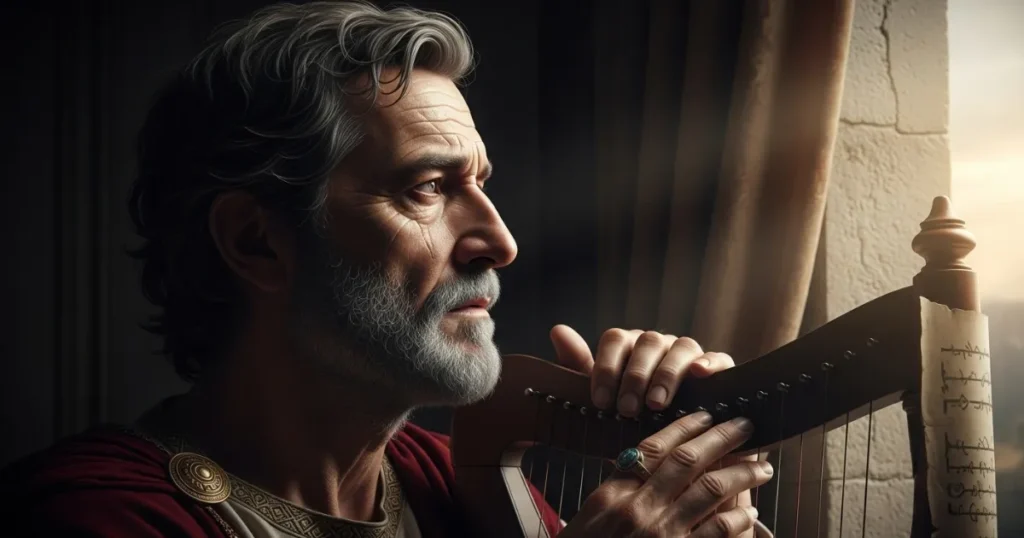 propósitos Rei Davi idoso olhando pela janela com uma harpa nas mãos, refletindo sobre sua vida e tocando salmos