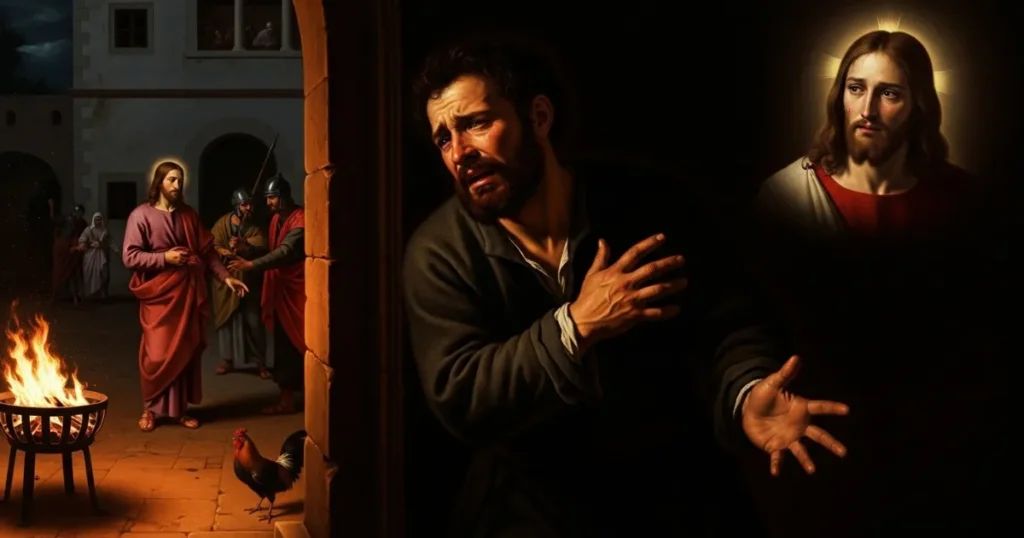 Pedro se desespera após negar Jesus três vezes; ao fundo, o galo canta e Jesus é levado pelos soldados, enquanto o olhar de Jesus encontra o de Pedro.