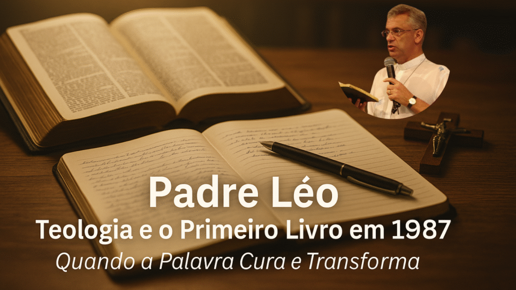Imagem com Bíblia, caderno e crucifixo representando a teologia de Padre Léo e seu primeiro livro em 1987